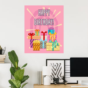 Happy Birthday Gifts On Pink Poster