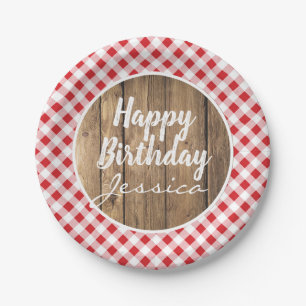 Happy Birthday Gingham Rustic Wood Picnic Party Paper Plate