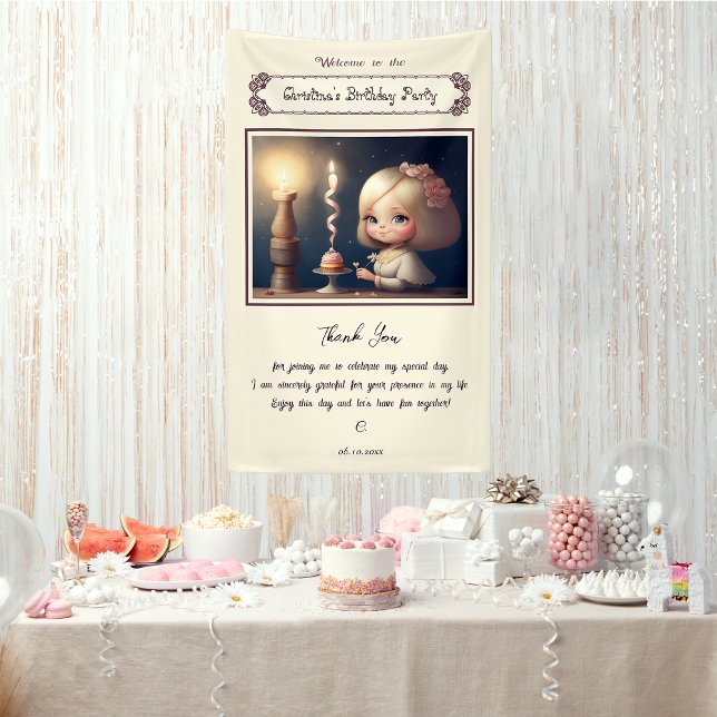Happy Birthday Girl 01 Banner (Customizable Birthday Banner with the drawn of an adorable girl in front of a birthday cupcake)