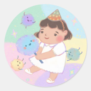 Happy Birthday: Girl and Cotton Candy Monsters Classic Round Sticker