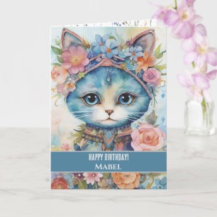 Happy Birthday Girl Blue Cat Wide Eyes Floral Card