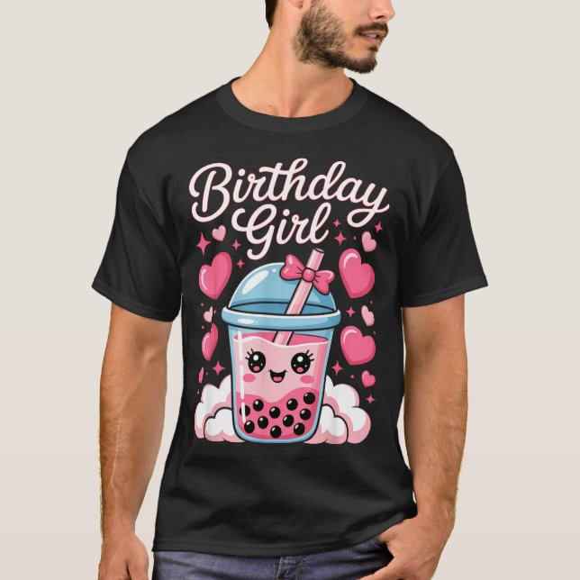 Happy Birthday Girl Cute Nk Bow Bubble Boba Tea An T-Shirt (Front)
