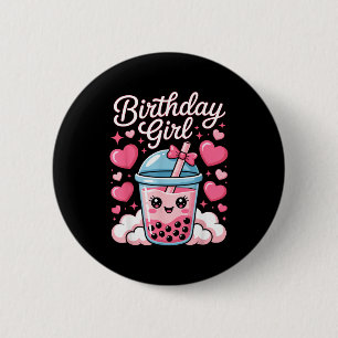 Happy Birthday Girl Cute Pink Bow Bubble Boba Tea  6 Cm Round Badge