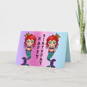 Happy Birthday Girl Mermaid Cute Cat Ocean Card
