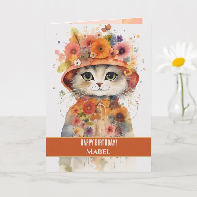 Happy Birthday Girl Orange Cat Wide Eyes Floral Card (Small Plant)