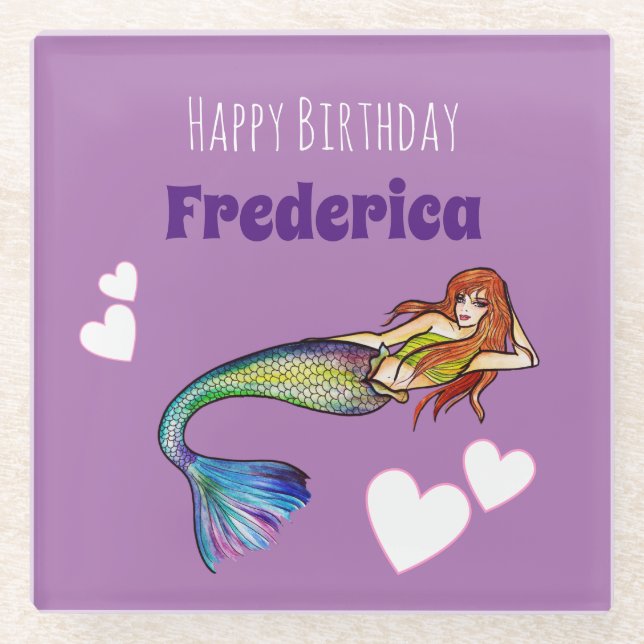 Happy Birthday Girl Rainbow Mermaid Illustration Glass Coaster (Front)
