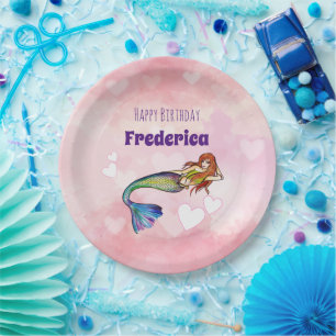 Happy Birthday Girl Rainbow Mermaid Illustration Paper Plate