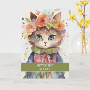 Happy Birthday Girl Tabby Cat Wide Eyes Floral Card