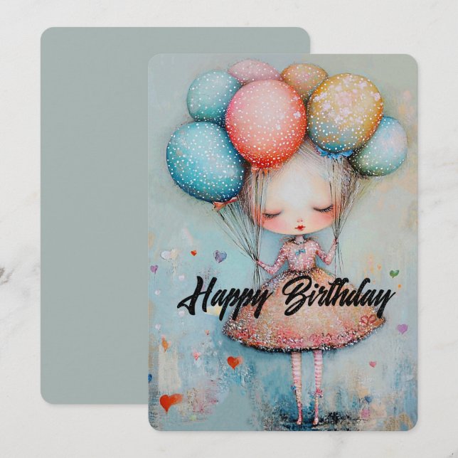 Happy Birthday Girl with Balloons Holiday Card (Front/Back)