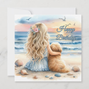 Happy Birthday Girl with Puppy on the Beach Card
