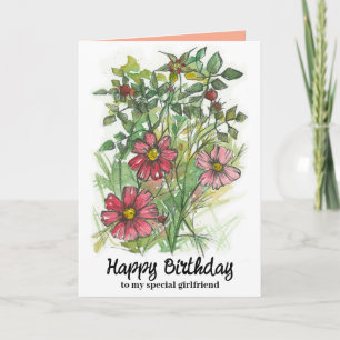Happy Birthday Girlfriend Pink Cosmos Wildflowers Card