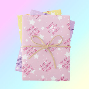 Happy Birthday Girls Name Pastel Stars 3 Wrapping Paper Sheet