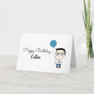 Happy Birthday Glasses Boy Cartoon Cute Blue Card