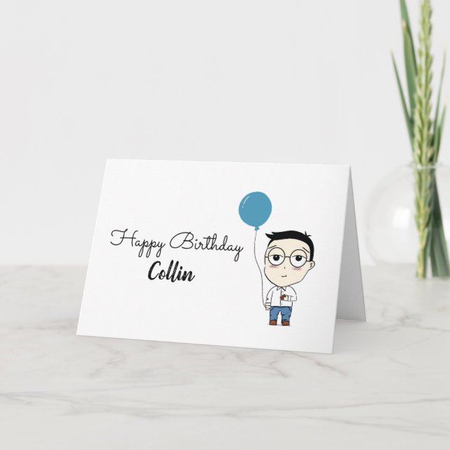 Happy Birthday Glasses Boy Cartoon Cute Blue Card (Front)