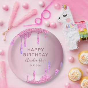 Happy Birthday Glitter Drips Pink Metallic  Paper Plate
