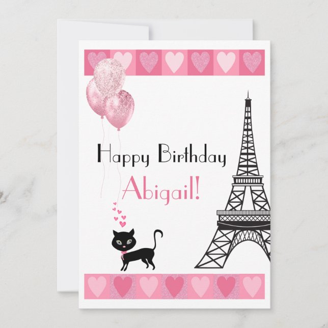 Happy Birthday Glitter Pink Heart Eiffel Tower Cat (Front)