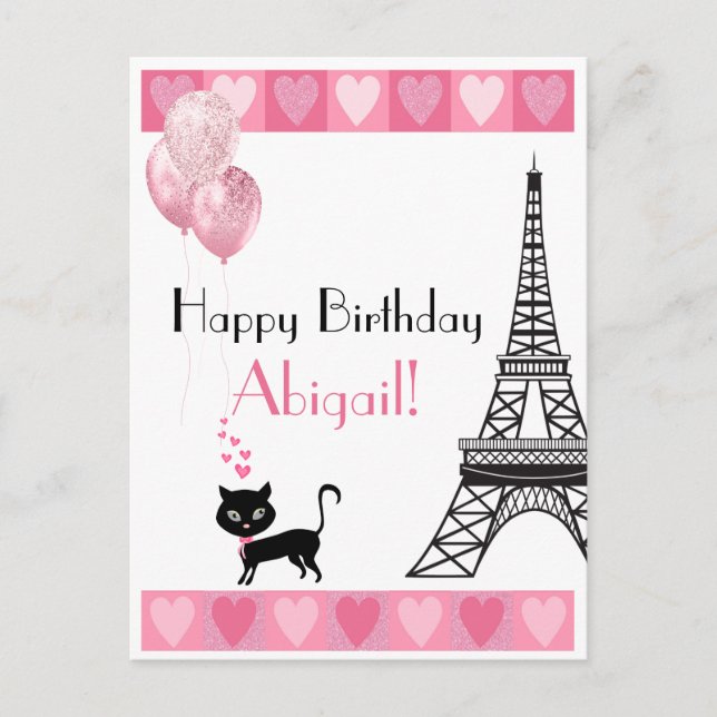 Happy Birthday Glitter Pink Heart Eiffel Tower Cat Postcard (Front)