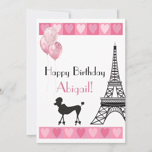 Happy Birthday Glitter Pink Heart Eiffel Tower Dog (Front)