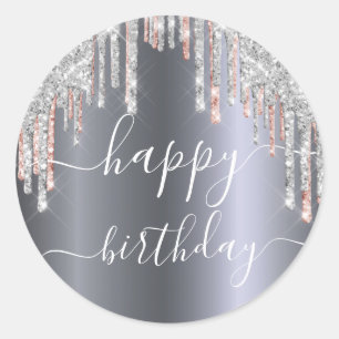 Happy Birthday glitter silver rose gold sparkle Classic Round Sticker