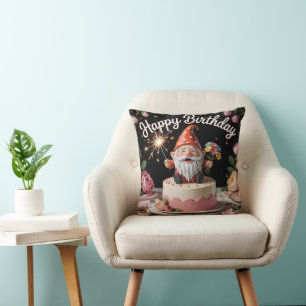 Happy Birthday Gnome Figurine on a Cake Cushion