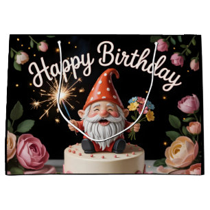 Happy Birthday Gnome Figurine on a Cake Large Gift Bag