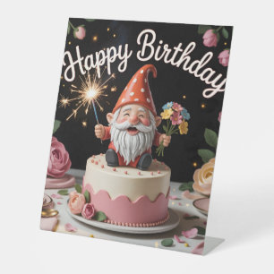 Happy Birthday Gnome Figurine on a Cake Pedestal Sign