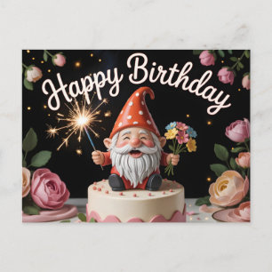 Happy Birthday Gnome Figurine on a Cake Postcard