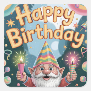 Happy Birthday Gnome Greeting Square Sticker