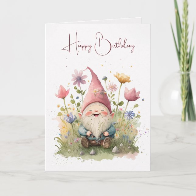Happy Birthday Gnome In Garden Card (Front)