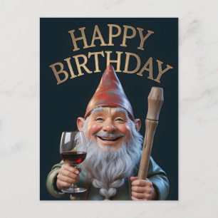 "Happy Birthday" Gnome Toasting with Red Wine Holiday Postcard