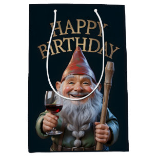 "Happy Birthday" Gnome Toasting with Red Wine Medium Gift Bag