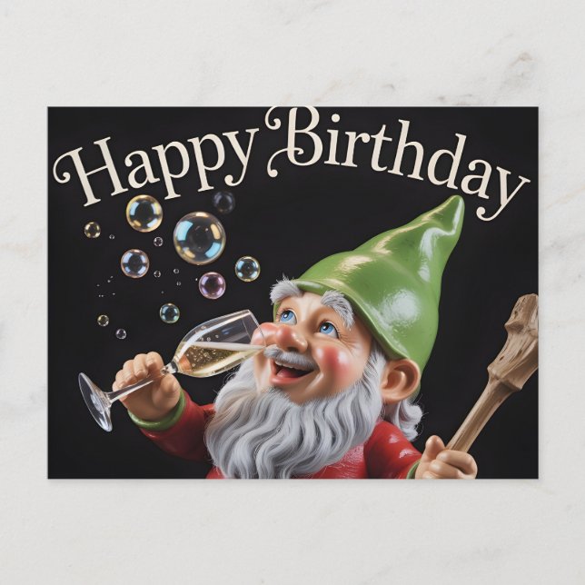 "Happy Birthday" Gnome with Champagne and Bubbles Postcard (Front)
