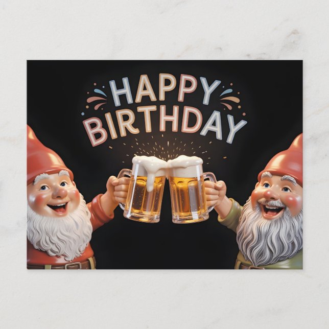 "Happy Birthday" Gnomes Toasting Beer Mugs Postcard (Front)