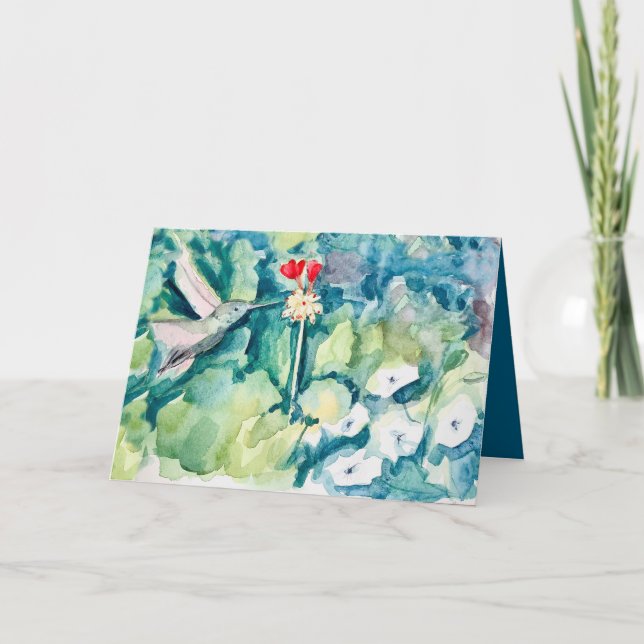 Happy Birthday God Bless You Hummingbird Flowers Card (Front)