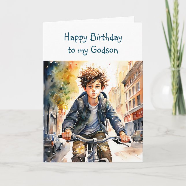 Happy Birthday Godson | Boy on Bike in City Card (Front)