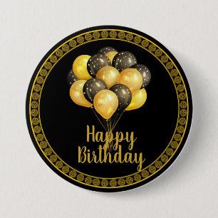 Happy Birthday, gold and black, 7.5 Cm Round Badge