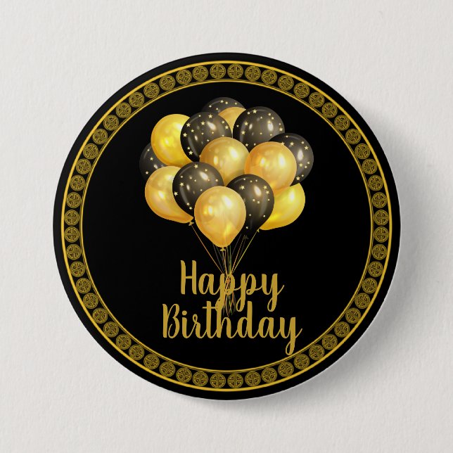 Happy Birthday, gold and black,  7.5 Cm Round Badge (Front)