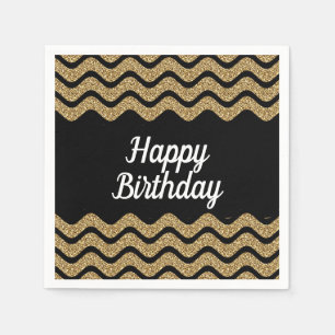 Happy Birthday Gold And Black Stripes   Napkin