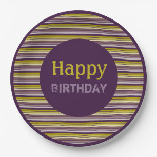 Happy Birthday Gold and Plum Stripe Paper Plates