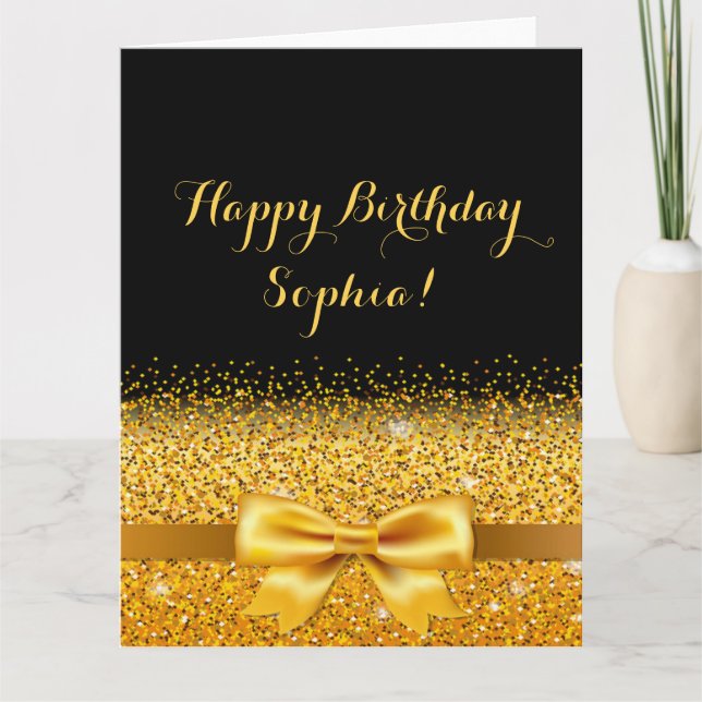 Happy Birthday gold bow with sparkle on black Card (Front)