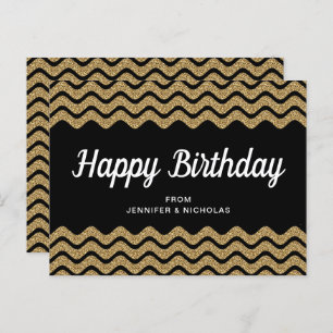 Happy Birthday Gold Glitter Black Chevron Stripes Postcard