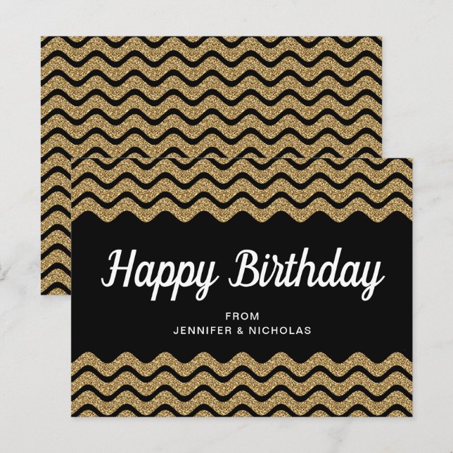 Happy Birthday Gold Glitter Black Chevron Stripes Postcard (Front/Back)