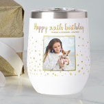 Happy Birthday Gold Glitter Photo Any Year Custom<br><div class="desc">Celebrate a big birthday with this fun wine / coffee tumbler featuring the birthday girl's photo,  2 custom lines of text all set against a faux gold glitter confetti background. Fun and festive - perfect for any age birthday celebration.</div>