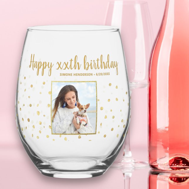 Happy Birthday Gold Glitter Photo Any Year Custom  Stemless Wine Glass (Creator Uploaded)