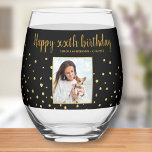 Happy Birthday Gold Glitter Photo Any Year Custom  Stemless Wine Glass<br><div class="desc">Celebrate a big birthday with this fun wine glass featuring the birthday girl's photo,  2 custom lines of text all set against a faux gold glitter confetti background. Easily change the black background to another colour. Fun and festive - perfect for any birthday celebration.</div>
