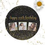 Happy Birthday Gold Glitter Photos Any Year Custom Paper Plate<br><div class="desc">Celebrate a big birthday with these fun paper plates featuring 3 photos of the birthday girl/boy,  2 custom text headlines,  all set against a black background accented with faux gold glitter confetti sparkles.  Fun and festive - perfect for any birthday celebration.</div>