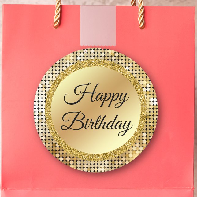 happy birthday gold glitters lights retro disco  classic round sticker (Creator Uploaded)