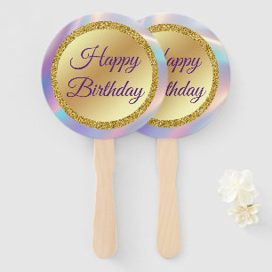 happy birthday,gold purple holographic stylish hand fan