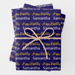 Happy Birthday Gold Script Dark Blue White Name Wrapping Paper Sheet