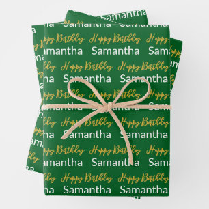 Happy Birthday Gold Script Forest Green White Name Wrapping Paper Sheet